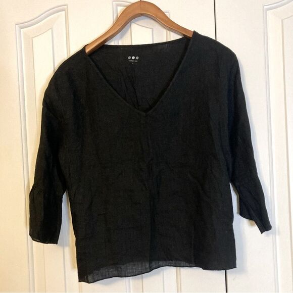 Three Dots 100% Linen Black Peplum Bell Sleeve Boxy Black Blouse Top Made USA - Picture 2 of 8